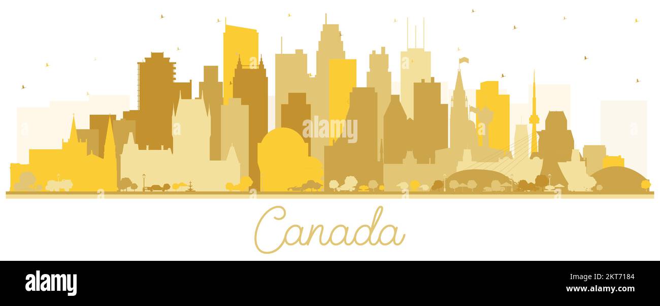 Silhouette de Canada City Skyline avec bâtiments dorés isolés sur blanc. Illustration vectorielle. Concept avec architecture historique. Canada CityScape avec Illustration de Vecteur