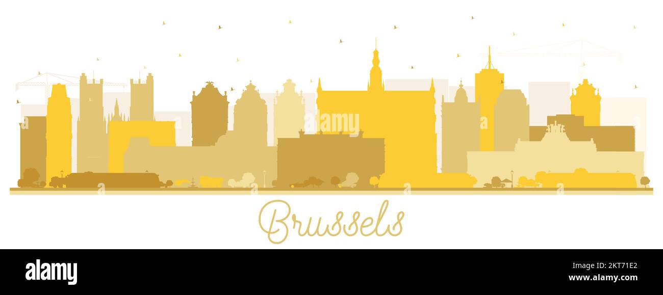 Bruxelles Belgique silhouette de Skyline avec bâtiments d'or isolés sur blanc. Illustration vectorielle. Paysage urbain de Bruxelles avec monuments. Illustration de Vecteur