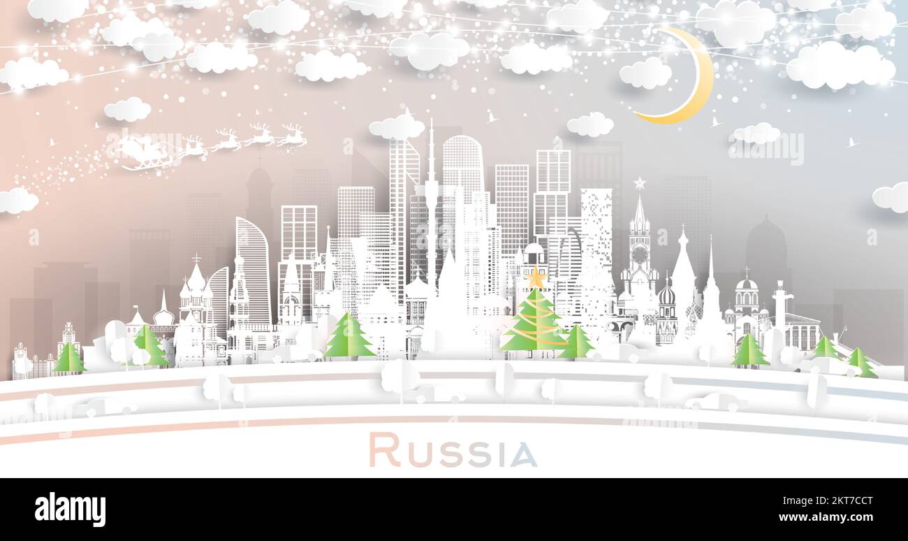 Russie Winter Skyline en style papier coupé avec flocons de neige, Lune et Neon Garland. Illustration vectorielle. Concept Noël et nouvel an. Illustration de Vecteur