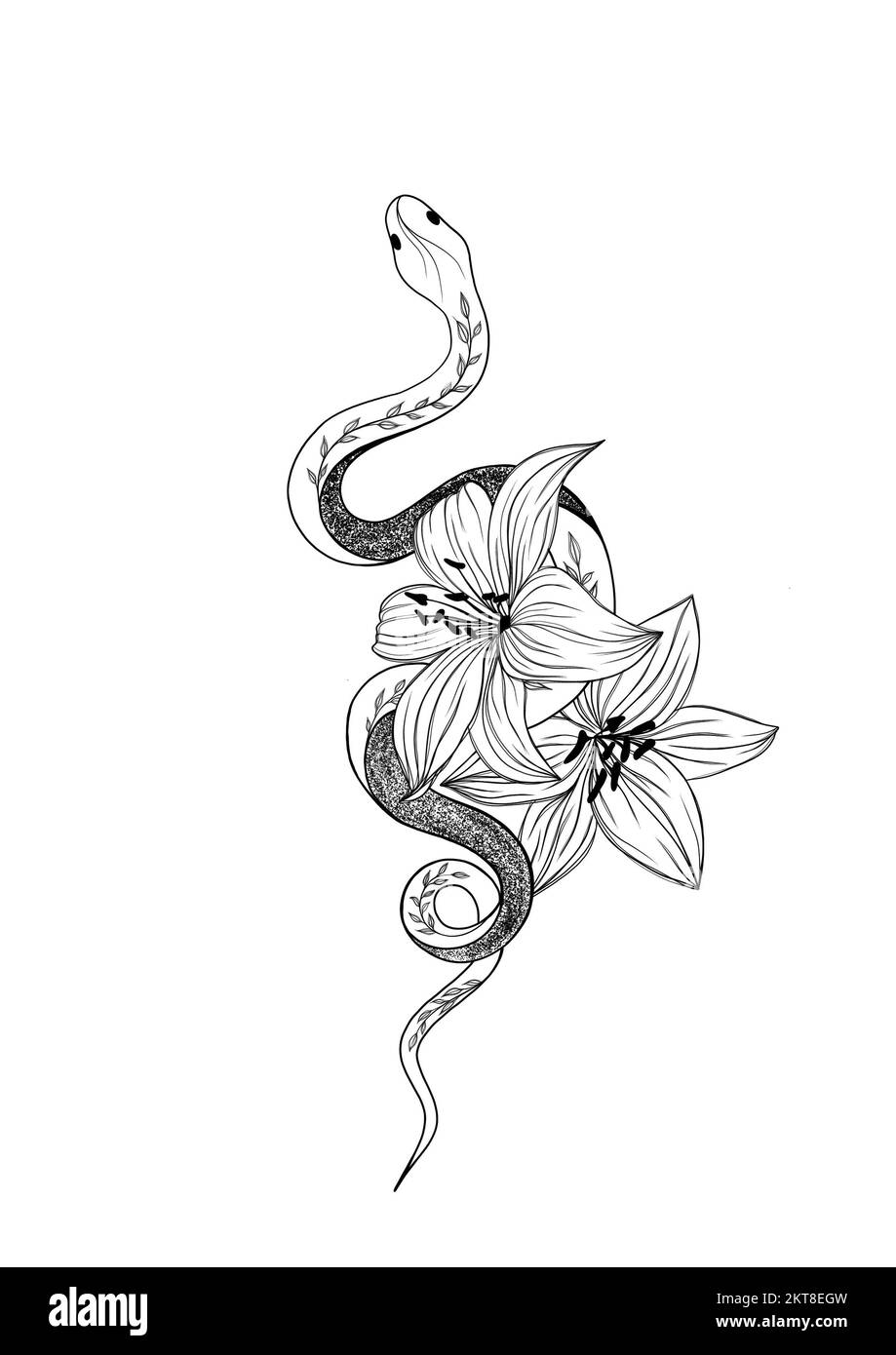 Serpent tatouage avec nénuphars. Encre traditionnelle Tattoo Old School style Tattooing. illustration de la silhouette. Banque D'Images