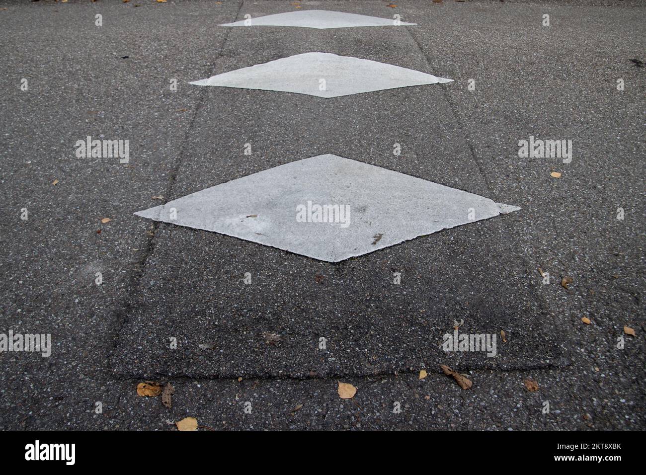 Marquage blanc sur route en losange pour signaler une réduction de la vitesse Banque D'Images