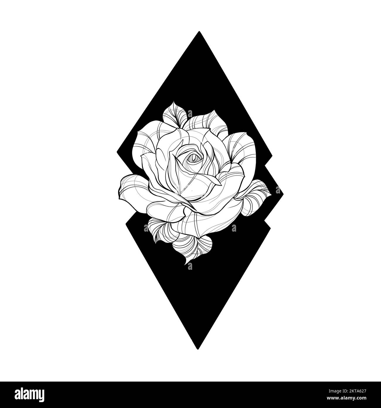 Croquis détaillé d'un tatouage de fleur de rose. Éléments décoratifs pour tatouage, carte de voeux, invitation de mariage en style gravure. Banque D'Images