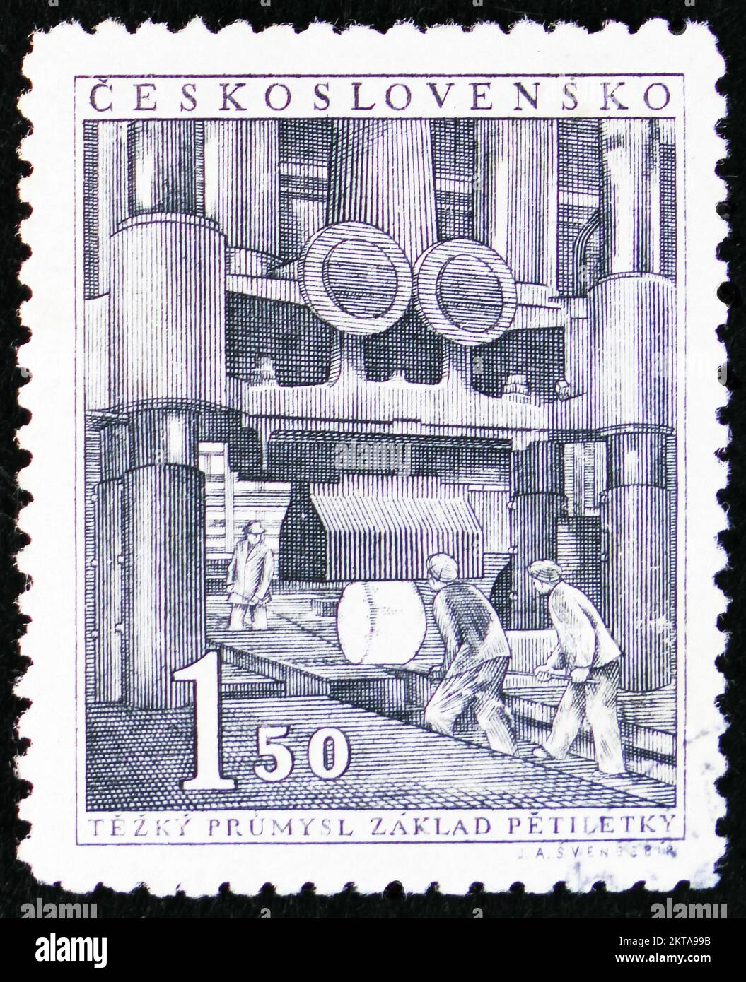 MOSCOU, RUSSIE - 29 OCTOBRE 2022 : timbre-poste imprimé en Tchécoslovaquie montre un marteau à goutte, première série de plan quinquennal, vers 1951 Banque D'Images
