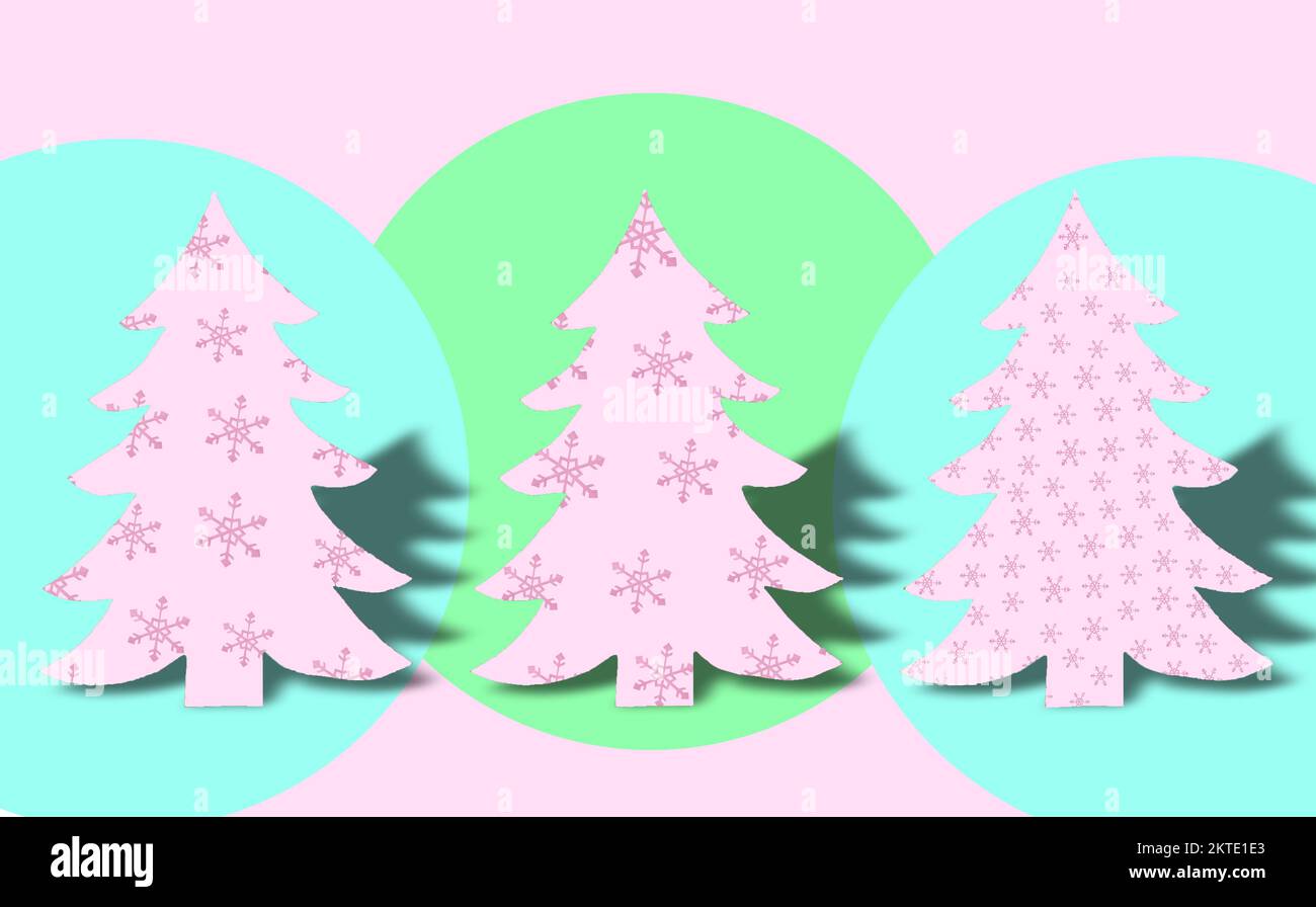 Arbres de Noël roses avec flocons de neige roses dans des cercles bleu-vert sur un fond rose, concept d'art créatif Banque D'Images