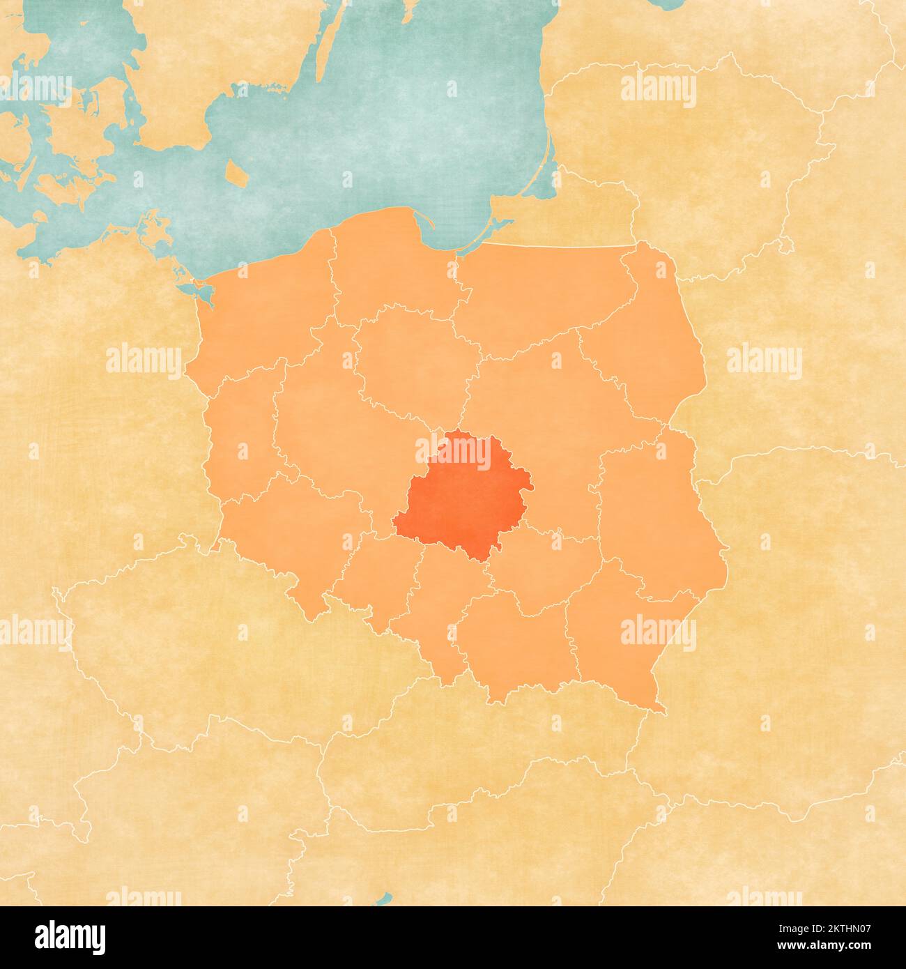 Lodz sur la carte de la Pologne dans le grunge doux et le style vintage, comme le vieux papier avec aquarelle peinture. Banque D'Images