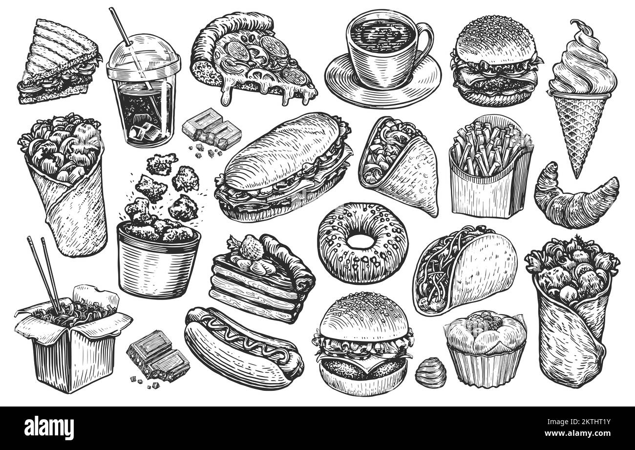 Kit d'illustrations pour plats et boissons. Collection d'articles dessinés à la main dans un style esquisse pour un menu design de restaurant ou de restaurant Banque D'Images