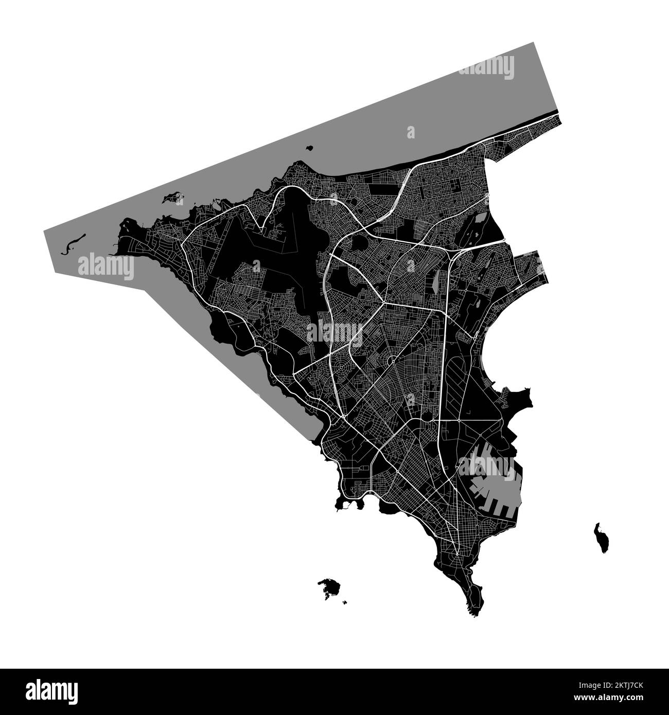 Carte de Dakar. Carte vectorielle détaillée de la zone administrative de la ville de Dakar. Vue sur l'aria métropolitain avec affiche CityScape. Terre noire avec des routes et des avenues blanches. WH Illustration de Vecteur