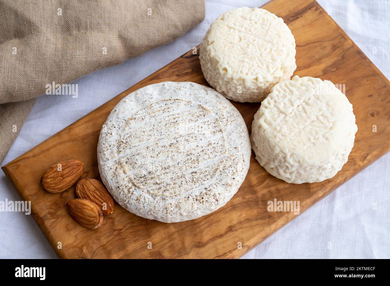 Dégustation de France, petit fromage rond Tome de Provence et petits fromages de chèvre mûrs, Alpes-de-haute-Provence, France. Plateau de fromages dessert. Banque D'Images