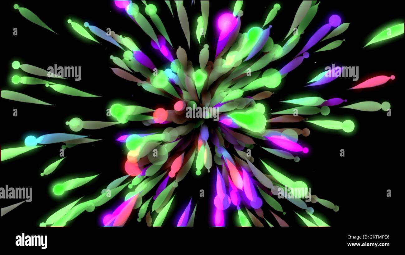 Les rayons multicolores se propagent d'un point à tous les côtés sur un fond noir. Mouvement. Style de dessin animé avec bandes en mouvement Banque D'Images