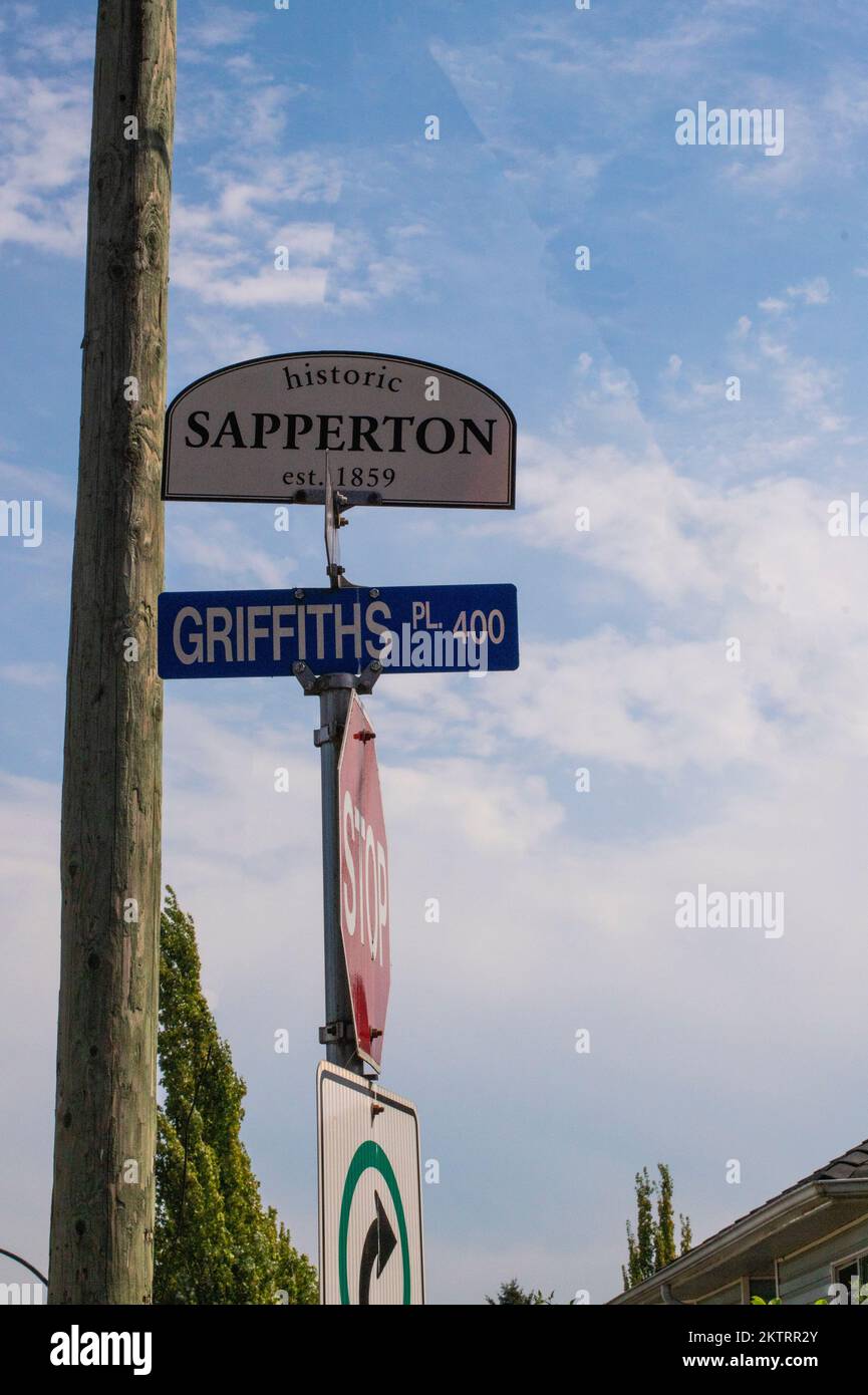 Sapperton signe Griffiths et Braid à New Westminster, Colombie-Britannique, Canada Banque D'Images
