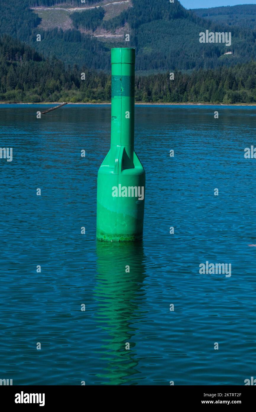 Bouée de navigation à tribord verte sur le lac Stave à Mission, Colombie-Britannique, Canada Banque D'Images