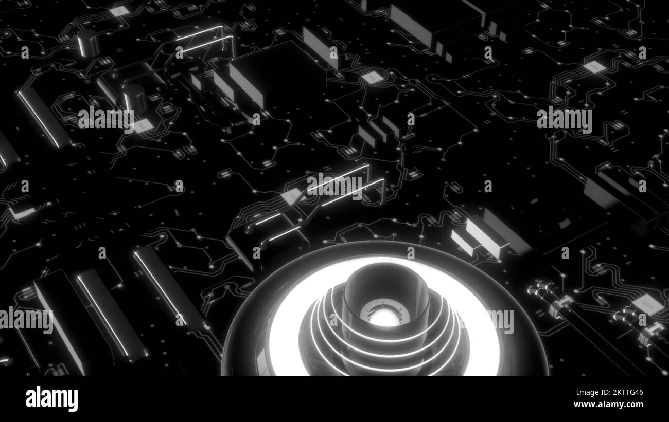 Graphiques des fils du calculateur. Mouvement. Animation lumineuse montrant clairement les fils connectés à l'ordinateur et leur fonctionnement. 4K images de haute qualité Banque D'Images