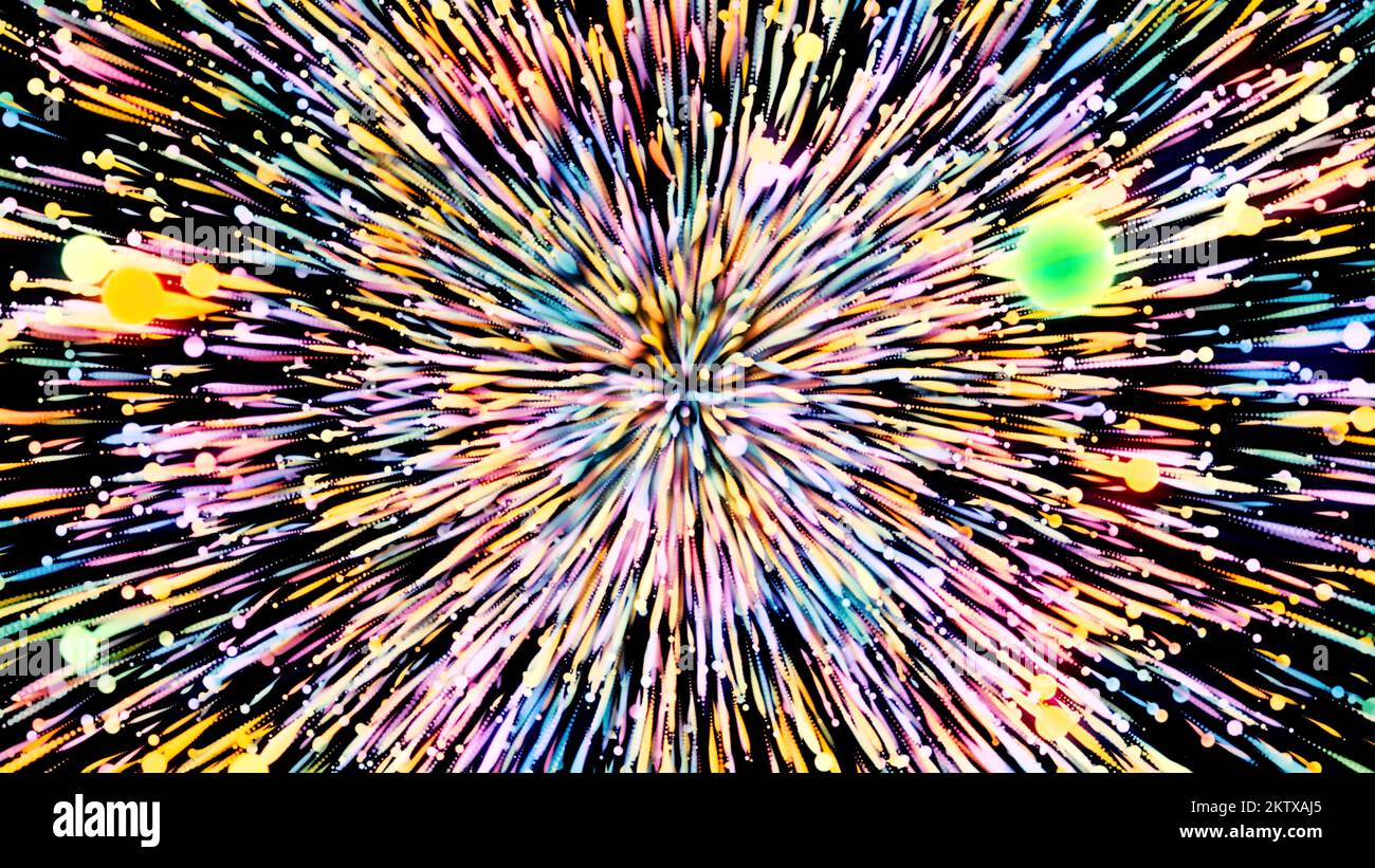 Arrière-plan noir. Motion . Lumineux volant multicolore trois lignes dimensionnelles dans l'abstraction de créer des motifs lumineux et se déplacer dans différents extrêmes Banque D'Images