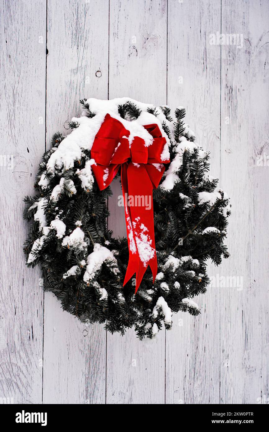 Couronne de Noël à aiguilles de pin enneigée et noeud rouge sur une large porte en bois blanchie à la chaux. Noël rustique et traditionnel. Manipulation d'image avec ne Banque D'Images