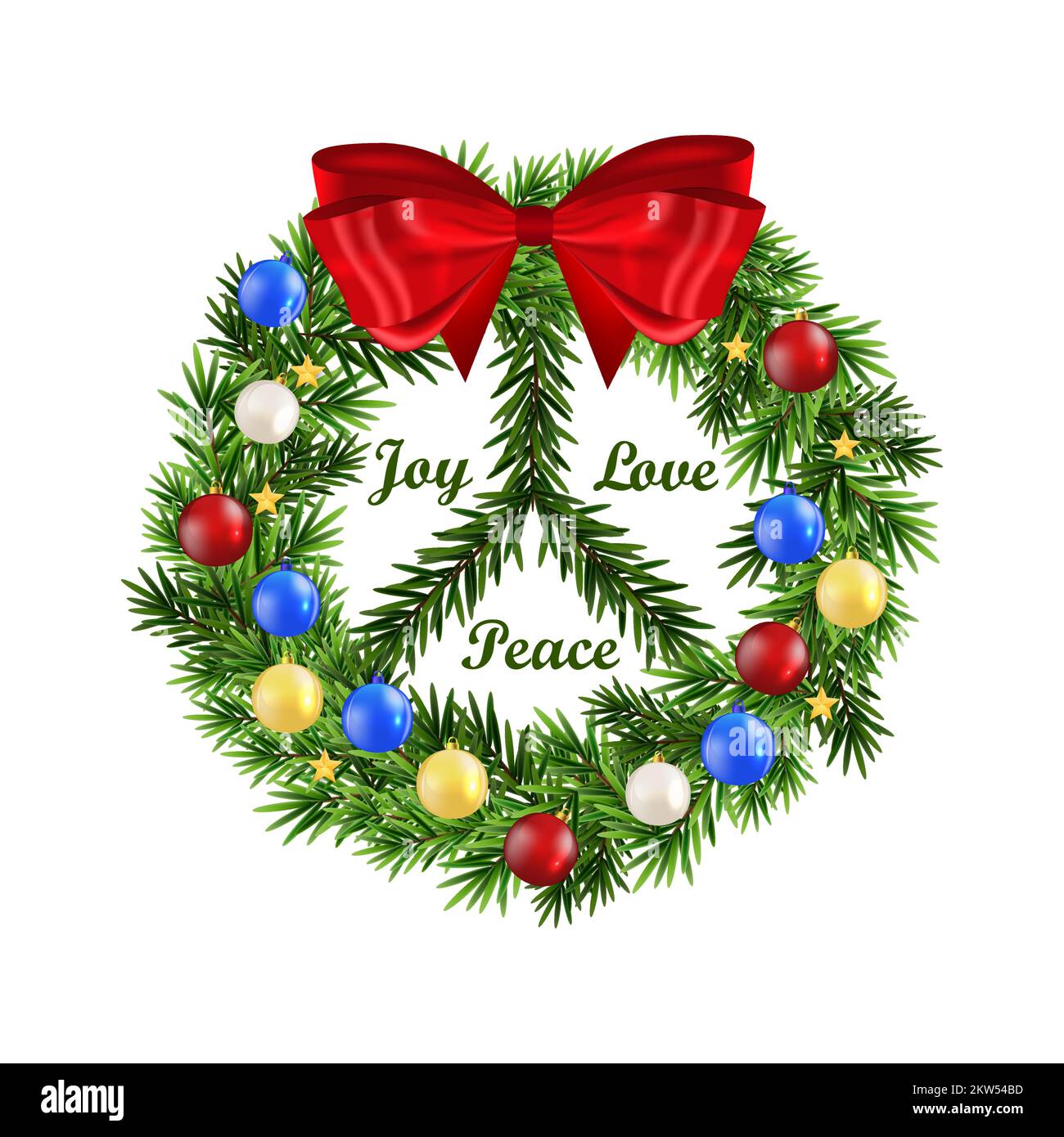 Couronne de Noël ornée d'ornements colorés et d'un noeud sous la forme d'un symbole de paix. Texte : joie, Amour, paix. Illustration de Vecteur