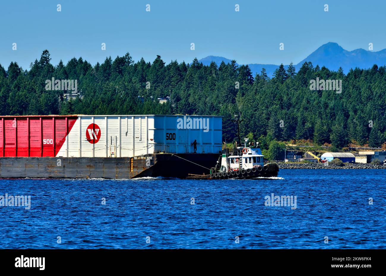 Un remorqueur tirant une barge à copeaux vide hors du port dans le port de Nanaimo Banque D'Images