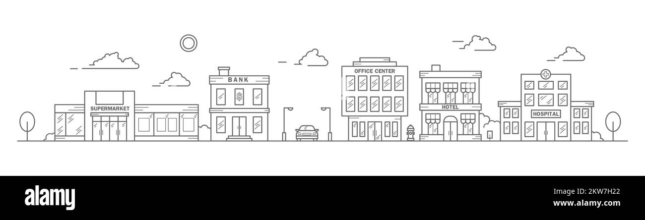 Vue sur la ville dans un style art de ligne. Paysage avec maisons en rangée de banque, centre de bureau, super marché, hôtel et hôpital. Panorama horizontal de la rue. Vecteur Illustration de Vecteur