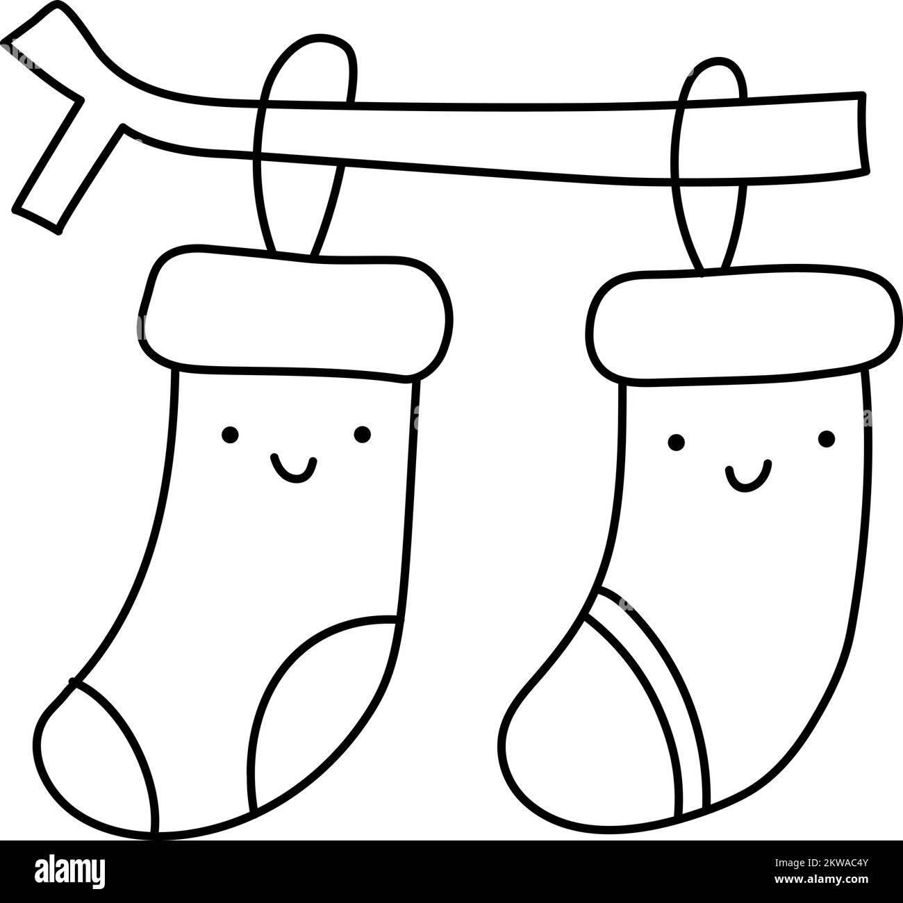 Scénario Noël illustration couple de chaussettes chaudes tricotées heureux smiling ligne. Jolis éléments à motifs pour un motif hivernal. Confort et chaleur Illustration de Vecteur