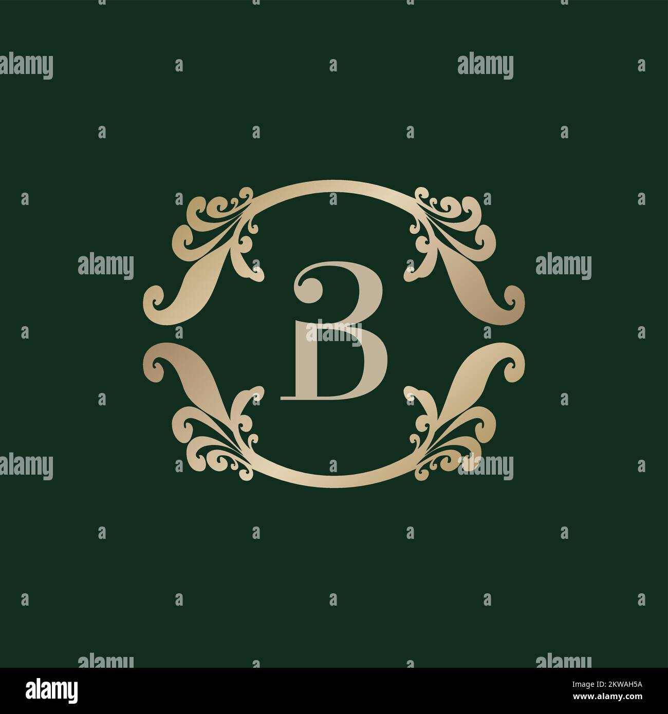 Lettre B logo alphabétique avec cadre doré décoratif de luxe. Décoration élégante à motif fleuri curl. Illustration de Vecteur