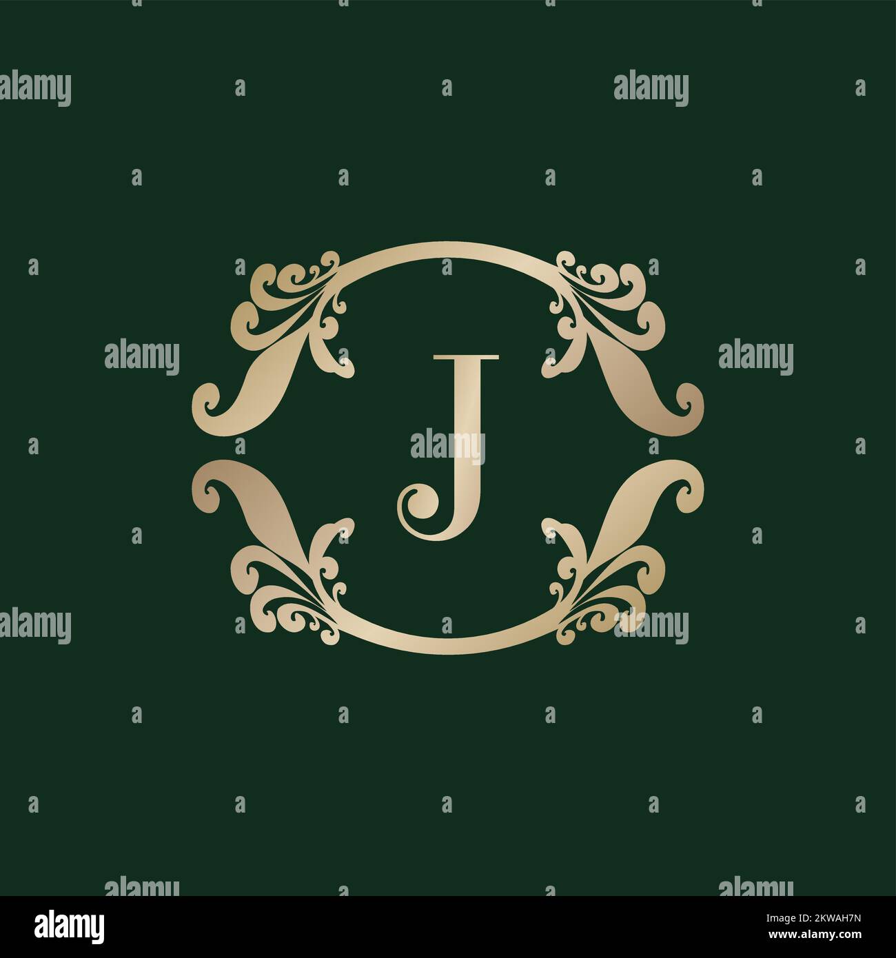 Lettre J logo Alphabet avec cadre doré décoratif de luxe. Décoration élégante à motif fleuri curl. Illustration de Vecteur