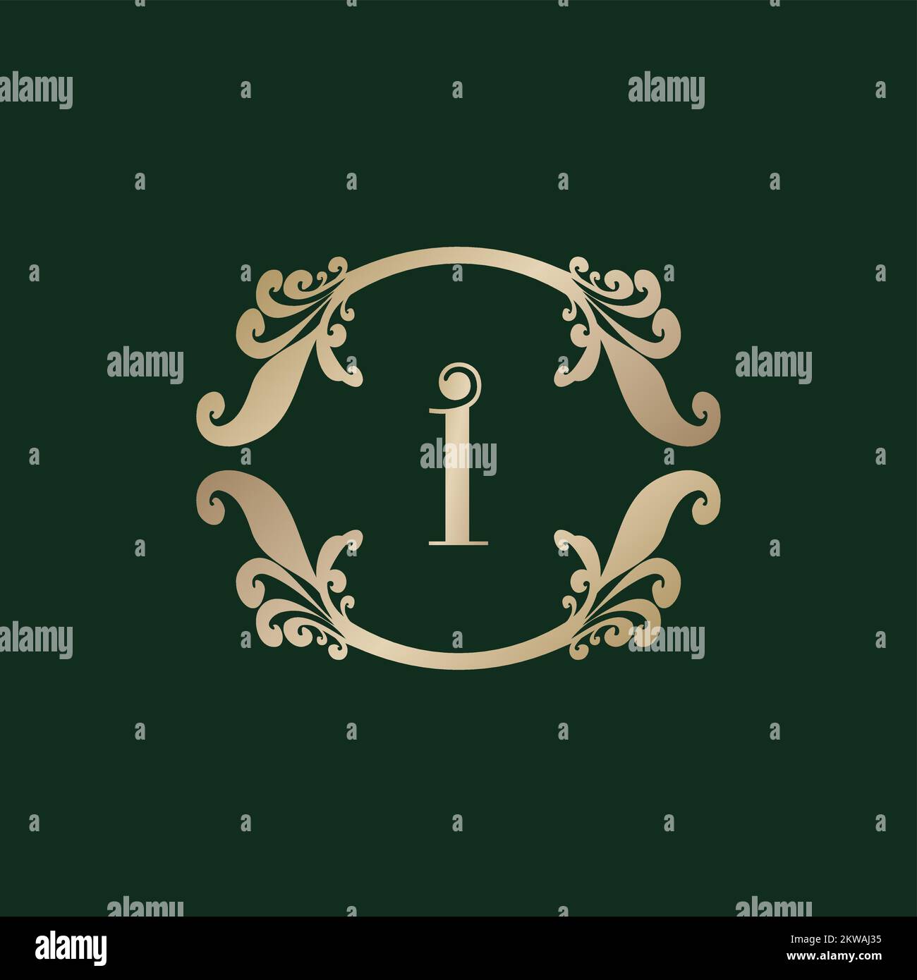 Lettre I logo Alphabet avec cadre doré décoratif de luxe. Décoration élégante à motif fleuri curl. Illustration de Vecteur