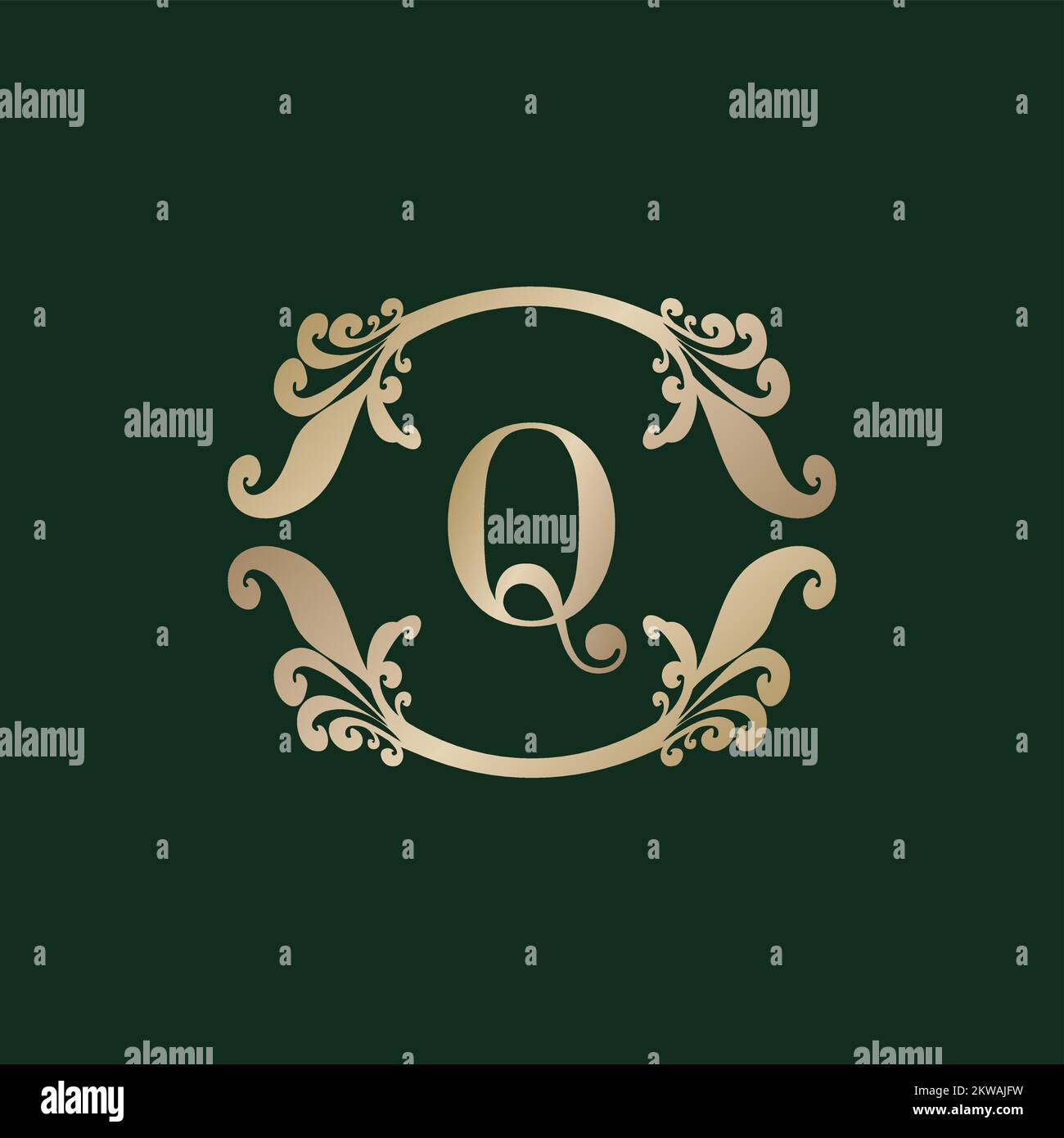 Lettre Q logo Alphabet avec cadre doré décoratif de luxe. Décoration élégante à motif fleuri curl. Illustration de Vecteur