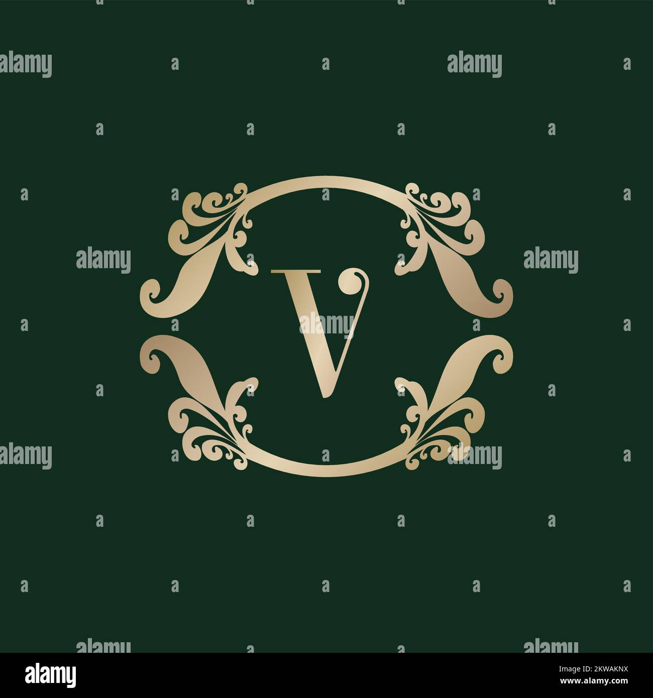 Logo lettre V Alphabet avec cadre doré décoratif de luxe. Décoration élégante à motif fleuri curl. Illustration de Vecteur