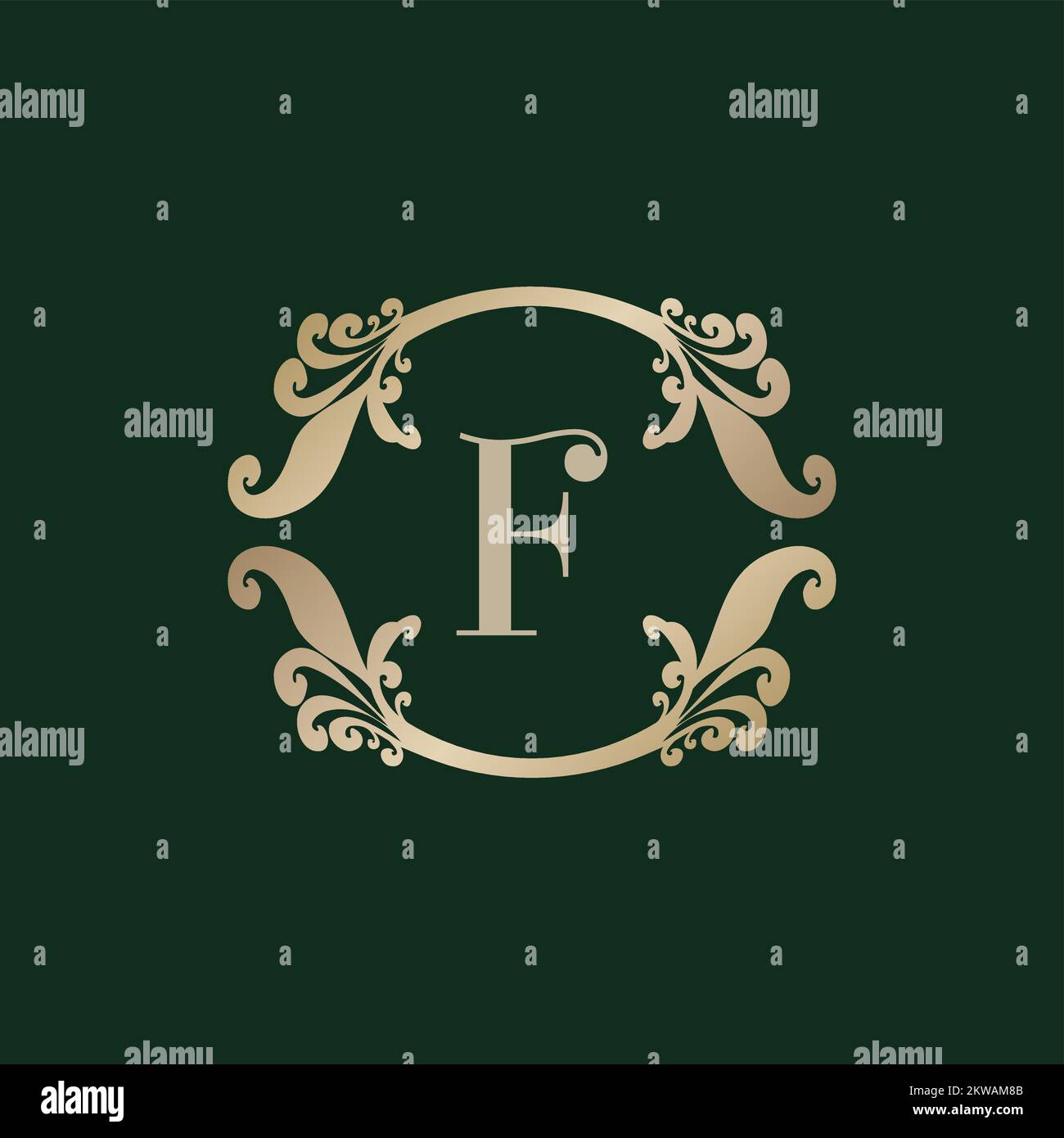 Logo lettre F Alphabet avec cadre doré décoratif de luxe. Décoration élégante à motif fleuri curl. Illustration de Vecteur