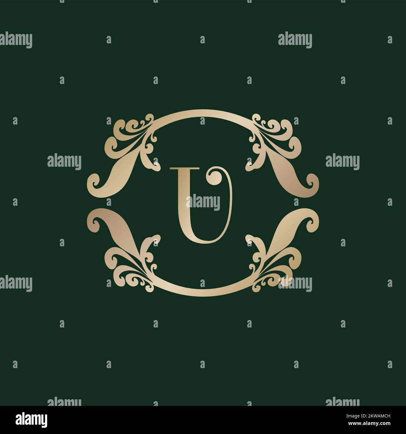 Lettre U logo Alphabet avec cadre doré décoratif de luxe. Décoration élégante à motif fleuri curl. Illustration de Vecteur