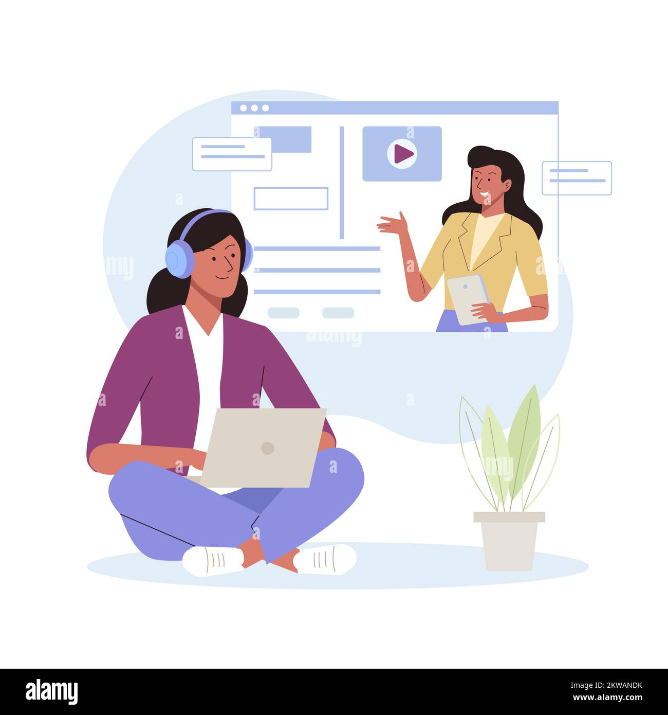 Femme étudiante dans le casque étudiant avec un ordinateur portable et enseignant d'écoute. E-learning par formation en webinar, vidéo conférence ou conférence, dista en ligne Illustration de Vecteur