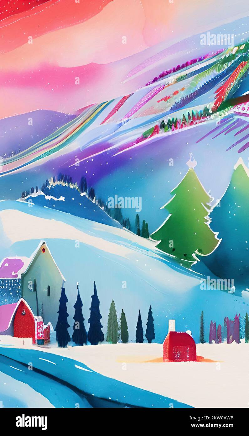 Peinture numérique aquarelle hiver paysage enneigé, temps froid et nature  du nord, illustration pittoresque. Ambiance de Noël. Imprimer pour toile,  carte Photo Stock - Alamy