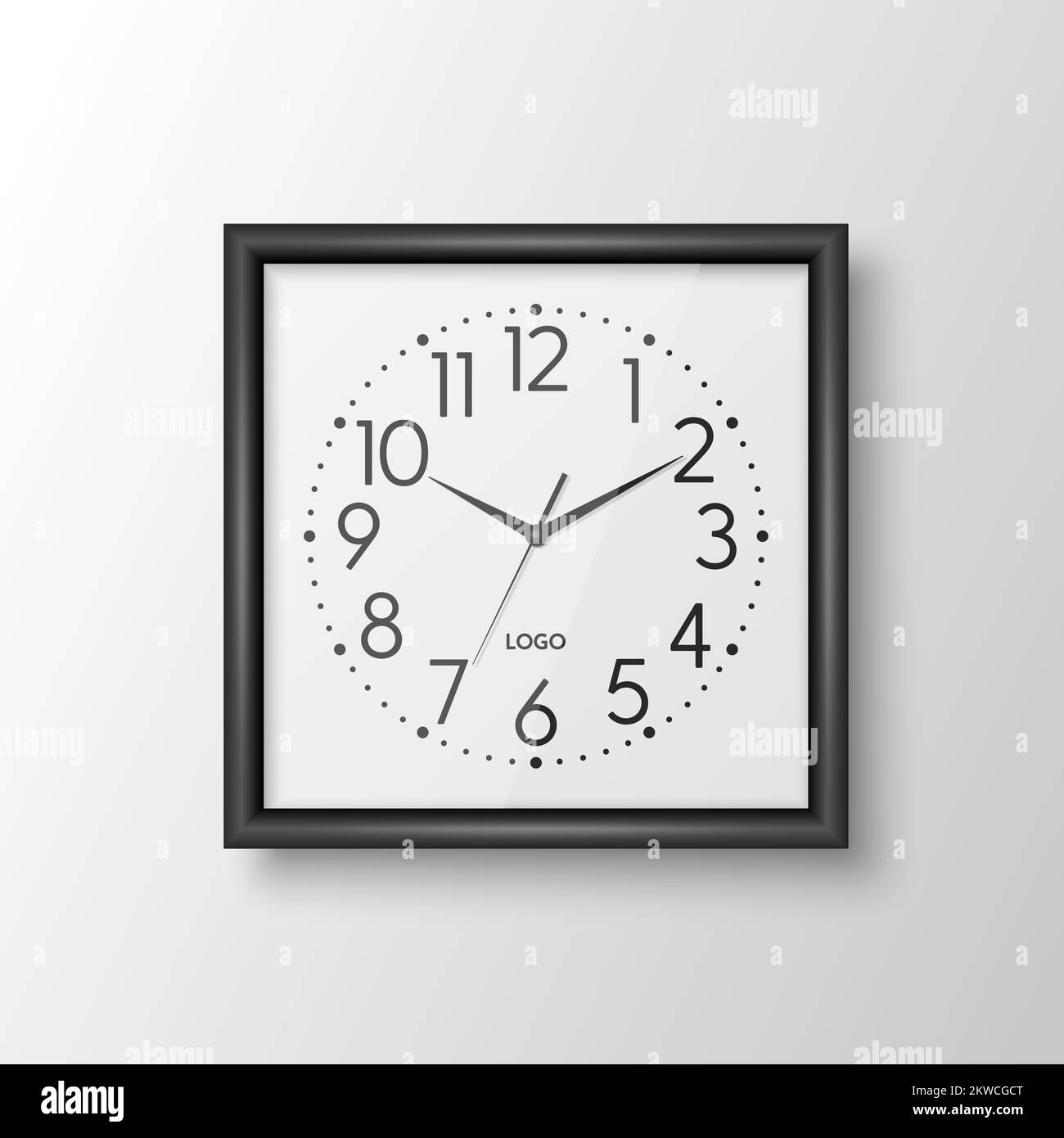 Vector 3D, horloge de bureau à mur carré noir réaliste, modèle de conception isolé. Cadre blanc, cadran blanc, maquette d'horloge murale pour marquage et Illustration de Vecteur