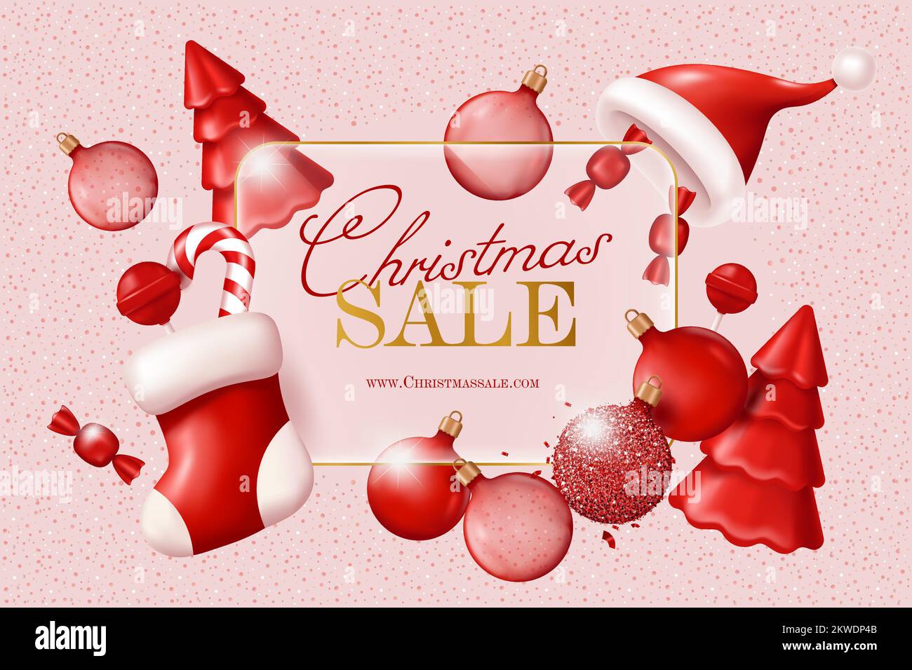 Noël solde bannière avec décorations de Noël - pin, boules de verre, bas de Noël, bonbons. Illustration vectorielle dans un style 3D réaliste Illustration de Vecteur