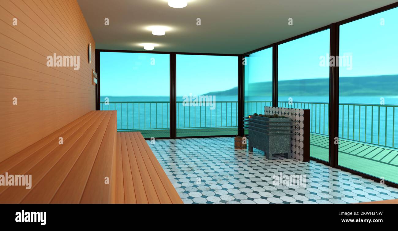 Une salle de sauna moderne avec une belle vue, 3D illustration Banque D'Images