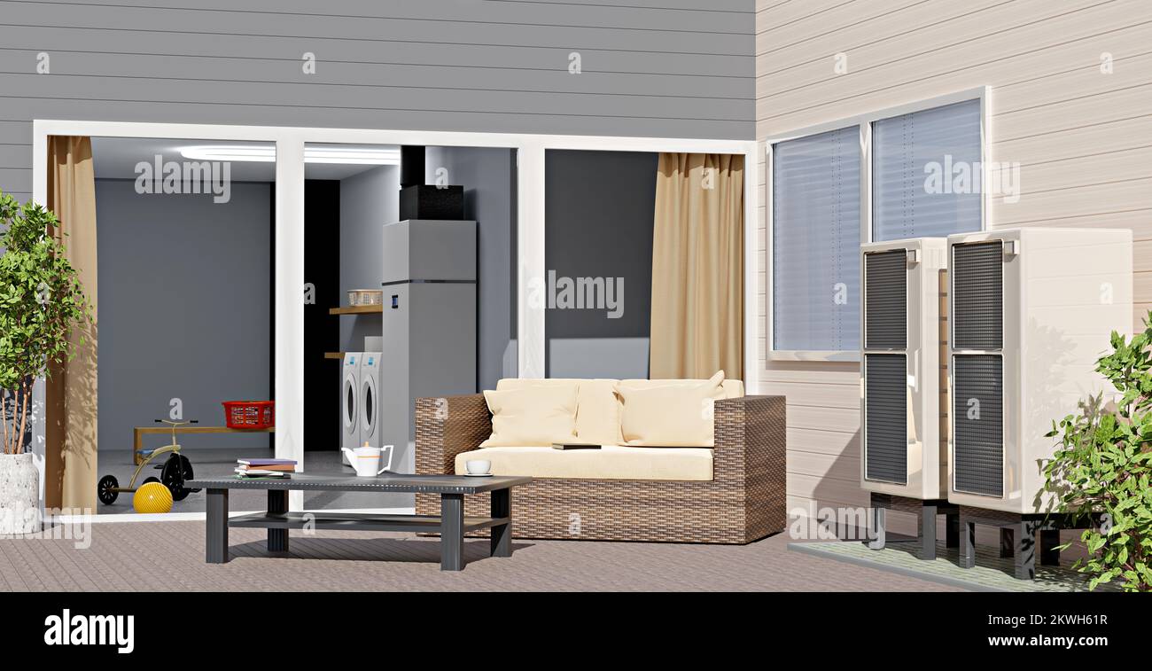 Un système de chauffage à pompe à chaleur air-eau moderne pour les ménages privés, illustration 3D Banque D'Images