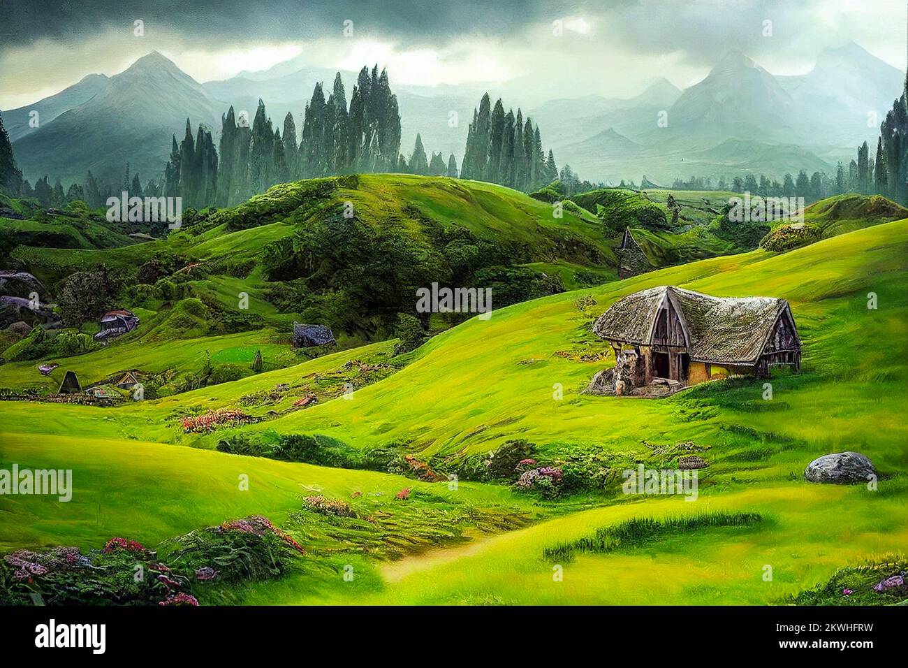 Green Hills et hobbit abrite des œuvres d'art de la Nouvelle-Zélande Illustration 03 Banque D'Images