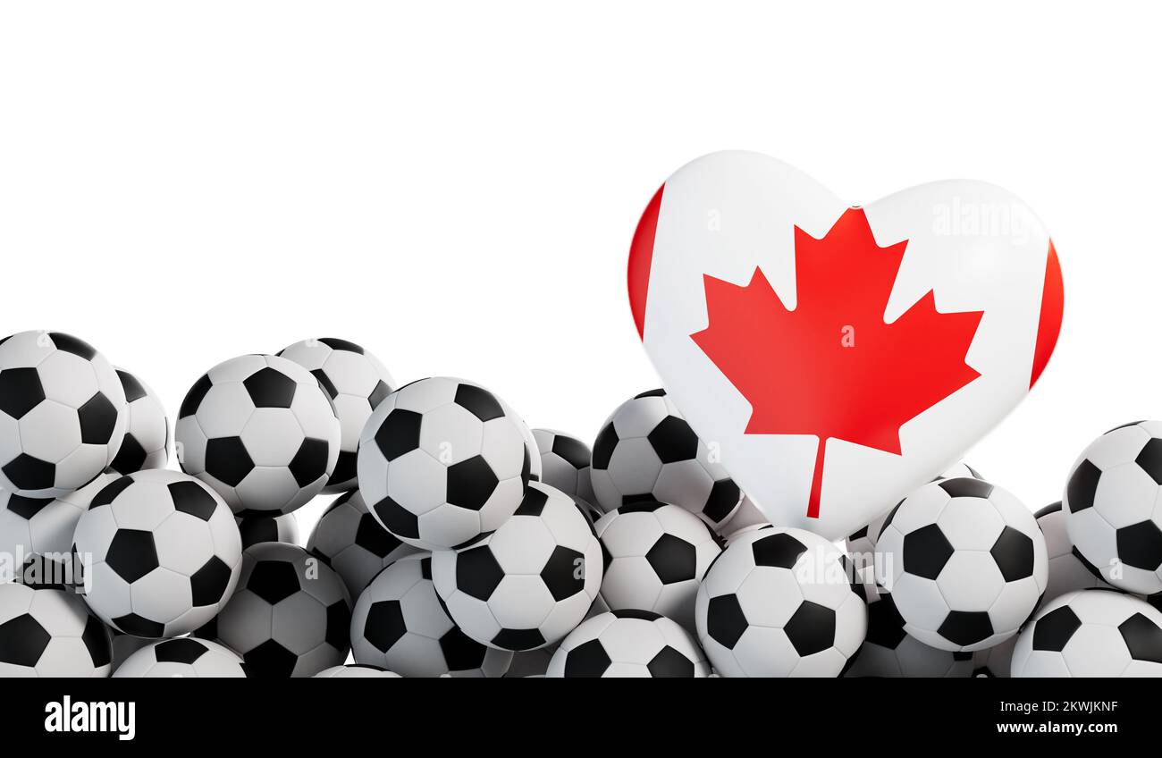 Coeur drapeau du Canada avec fond de ballon de soccer. Bannière football. 3D rendu Banque D'Images