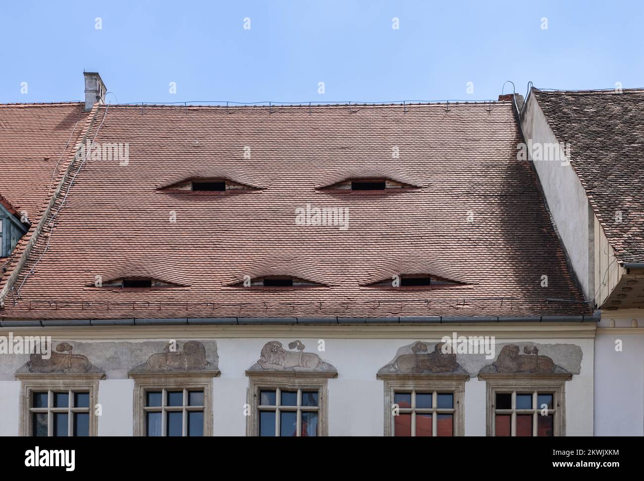 Ces Sibiu yeux fenêtres semblent irnerveusement comme des yeux réels, donnant aux maisons effrayantes, regard anthropomorphique, ils sont devenus le symbole de la protestation en Roumanie, Banque D'Images