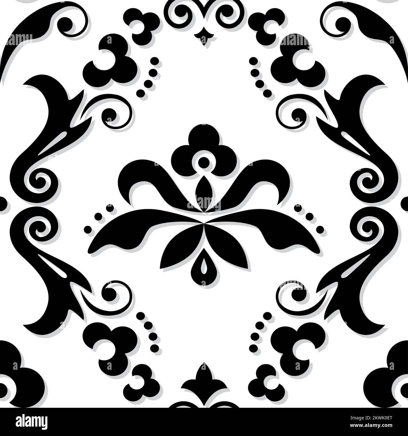 Motif en tissu damask royal vectoriel sans couture ou imprimé dans le fond de l'espace, motif classique victorien répétitif avec fleurs, tourbillons et feuilles en noir sur blanc Illustration de Vecteur