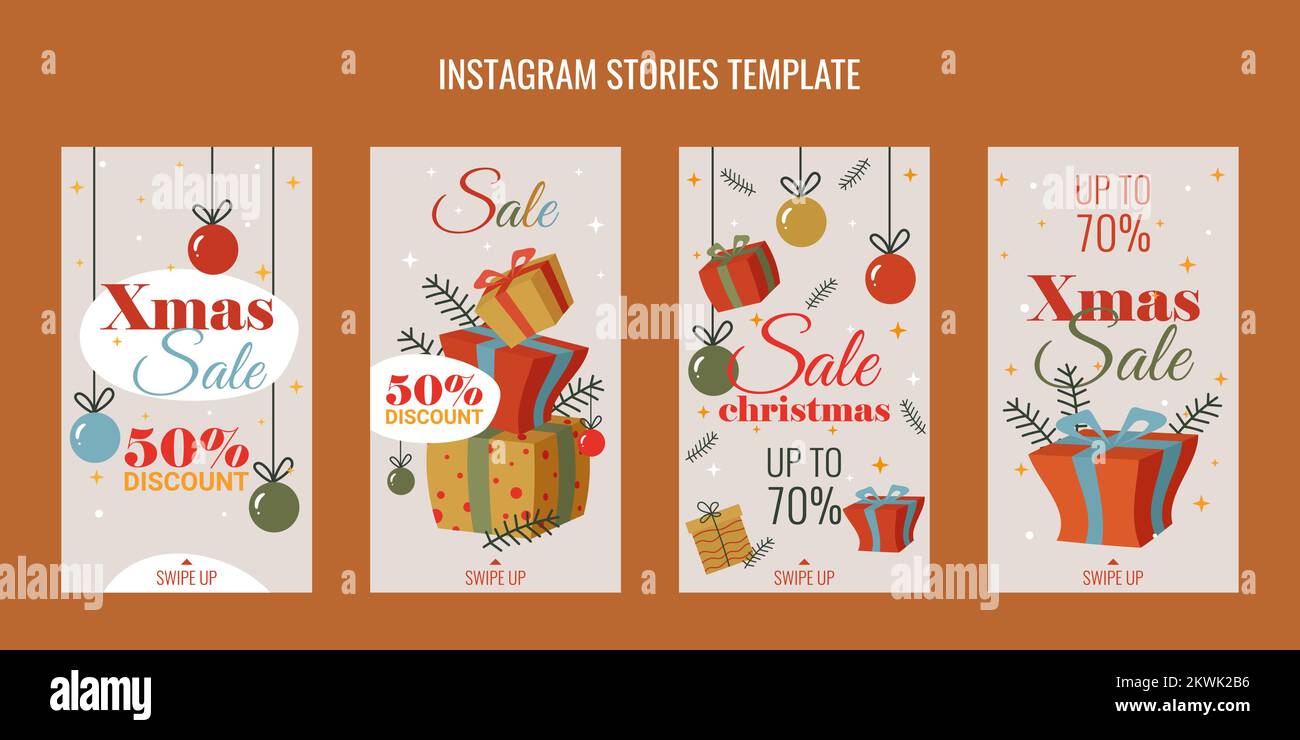 Décor pour les histoires instagram sur le thème de Noël solde décorations boîtes avec cadeaux brindilles de sapin et étoiles Illustration de Vecteur