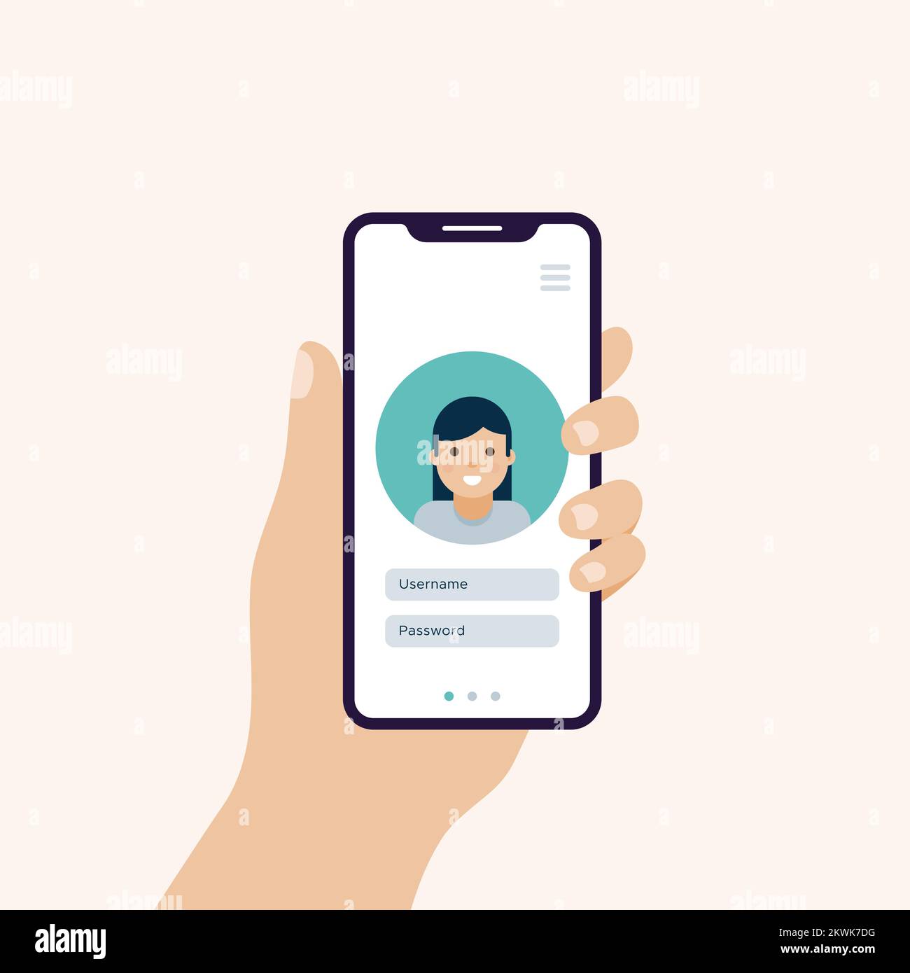 Main tenant le smartphone en position verticale. Écran avec page de connexion et profil femme. Illustration vectorielle, conception plate Illustration de Vecteur