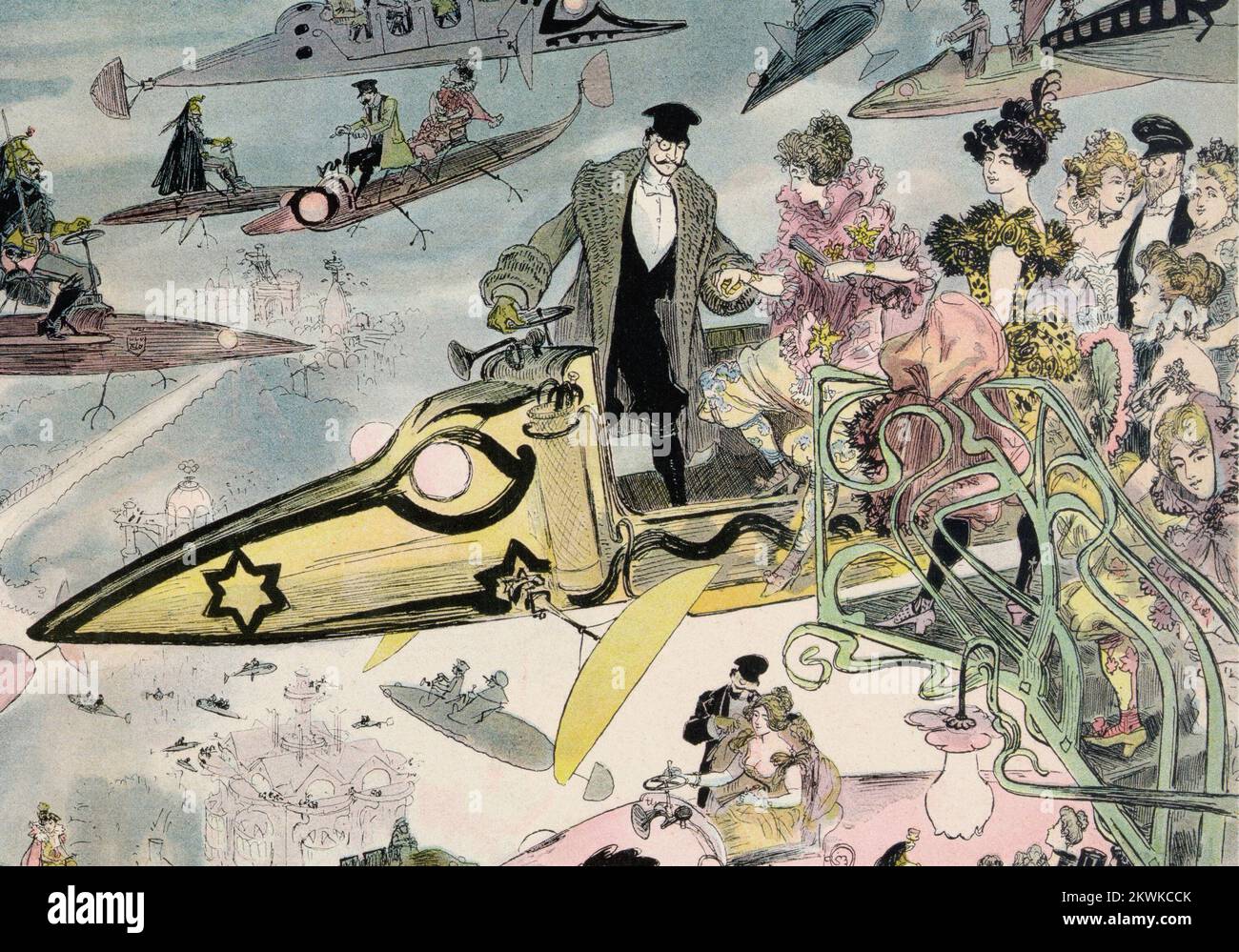 Une nuit à l'opéra en l'an 2000, caricature d'Albert Robida vue futuriste du voyage aérien au-dessus de Paris alors que les gens quittent l'Opéra. De nombreux types d'aéronefs sont représentés, y compris les autobus et les limousines, la police patrouille le ciel, et les femmes sont vues conduire leur propre avion. De la série France en l'an 2000 France en l'an 2000 (XXI siècle) une série d'images futuristes de Jean-Marc côté et d'autres artistes publiés en France en 1899, 1900, 1901 et 1910. À l'origine sous forme de cartes en papier placées dans des boîtes à cigarettes/cigares et, plus tard, sous forme de cartes postales, les images dépeignaient le monde tel qu'il était moi Banque D'Images