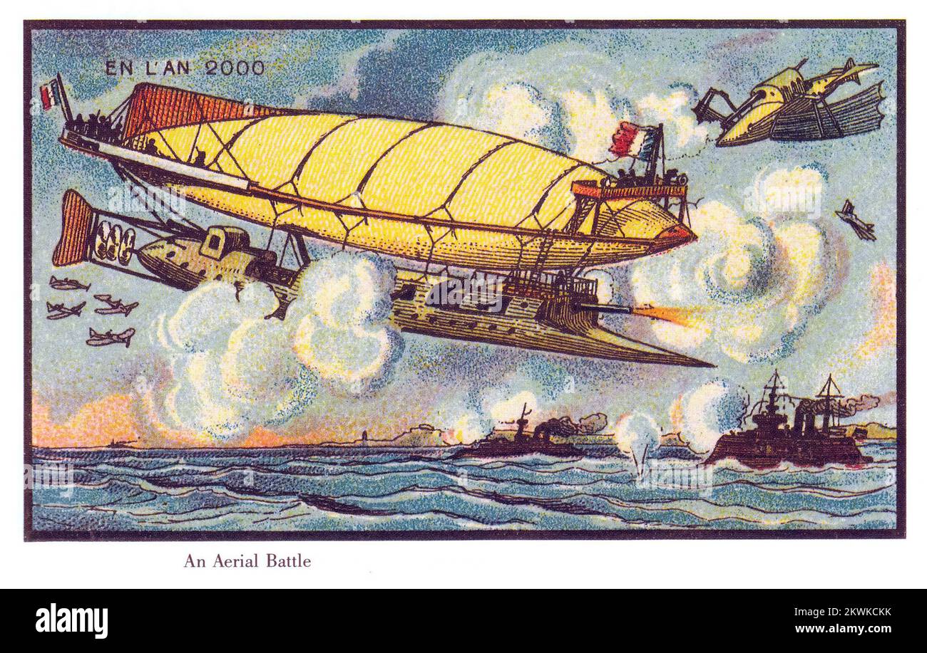 Une bataille aérienne de la série France en l'an 2000 en l'an 2000 (XXI siècle) une série d'images futuristes de Jean-Marc côté et d'autres artistes publiés en France en 1899, 1900, 1901 et 1910. À l'origine sous forme de cartes en papier placées dans des boîtes à cigarettes/cigares et, plus tard, sous forme de cartes postales, les images dépeignaient le monde tel qu'il était imaginé comme en l'an 2000. Banque D'Images