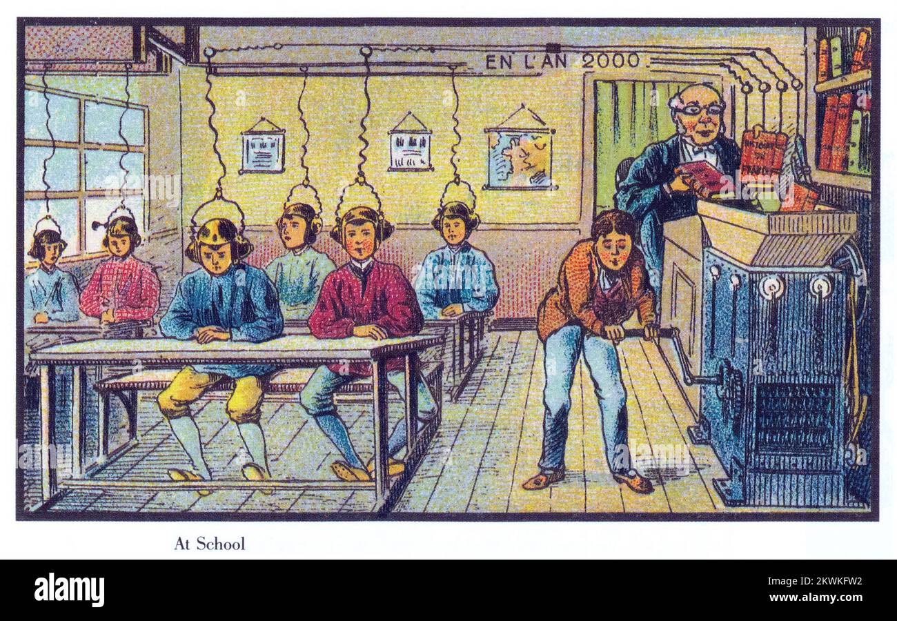 Future école. De la série France en l'an 2000 France en l'an 2000 (XXI siècle) une série d'images futuristes de Jean-Marc côté et d'autres artistes publiés en France en 1899, 1900, 1901 et 1910. À l'origine sous forme de cartes en papier placées dans des boîtes à cigarettes/cigares et, plus tard, sous forme de cartes postales, les images dépeignaient le monde tel qu'il était imaginé comme en l'an 2000. Banque D'Images