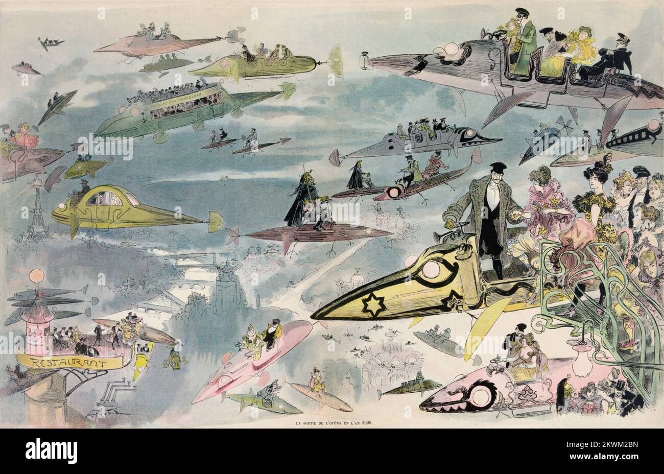 Une nuit à l'opéra en l'an 2000, caricature d'Albert Robida vue futuriste du voyage aérien au-dessus de Paris alors que les gens quittent l'Opéra. De nombreux types d'aéronefs sont représentés, y compris les autobus et les limousines, la police patrouille le ciel, et les femmes sont vues conduire leur propre avion. De la série France en l'an 2000 France en l'an 2000 (XXI siècle) une série d'images futuristes de Jean-Marc côté et d'autres artistes publiés en France en 1899, 1900, 1901 et 1910. À l'origine sous forme de cartes en papier placées dans des boîtes à cigarettes/cigares et, plus tard, sous forme de cartes postales, les images dépeignaient le monde tel qu'il était moi Banque D'Images