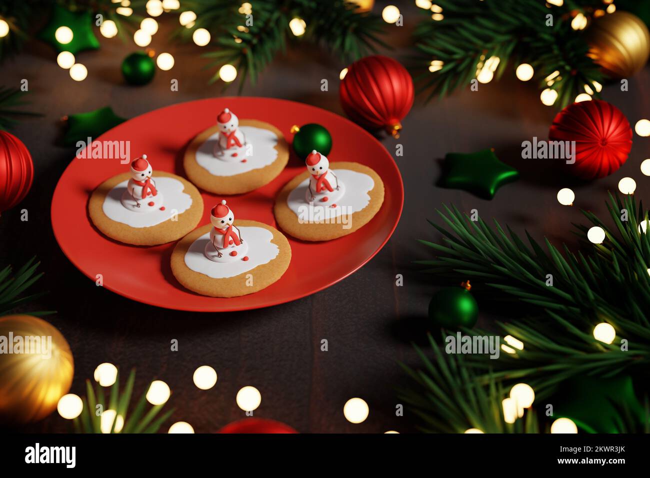 Faire fondre les biscuits de Noël bonhomme de neige sur l'assiette rouge. 3D rendu Banque D'Images