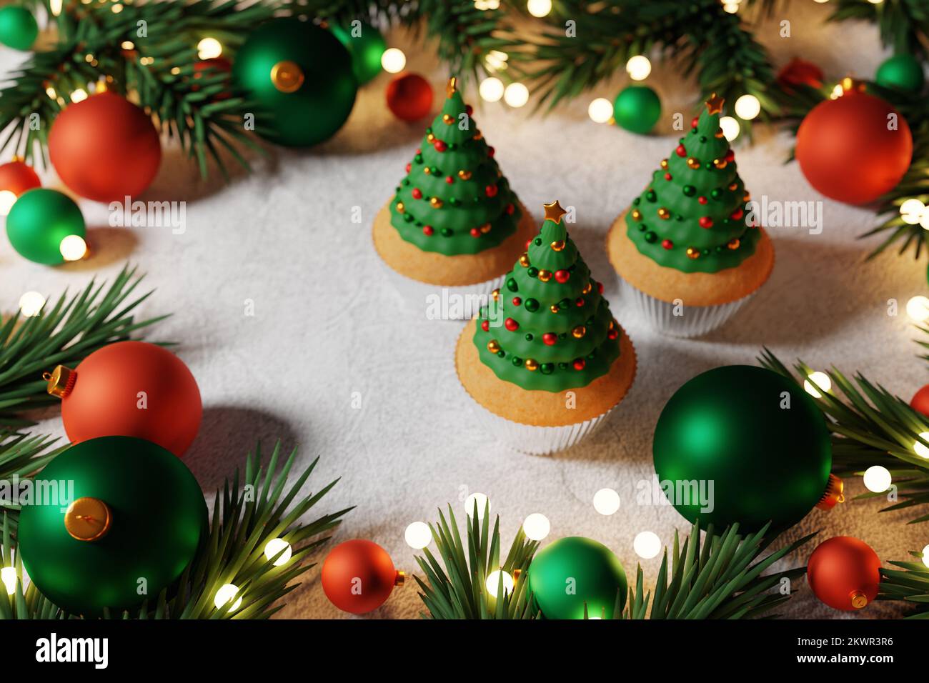 Petits gâteaux de sapin de Noël aux lumières de Noël. 3D rendu Banque D'Images