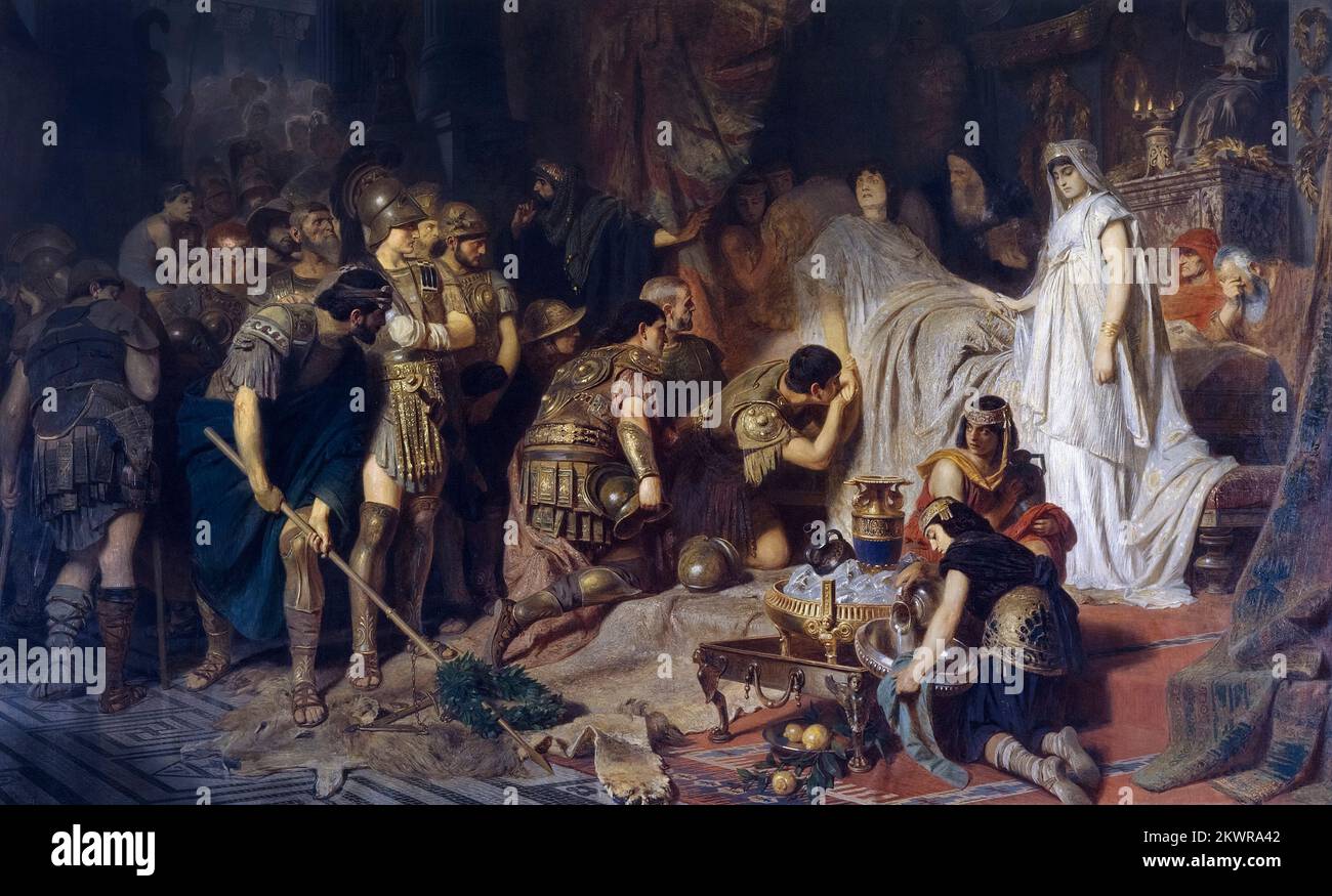 Mort d'Alexandre le Grand : l'Alexandre mourant fait ses adieux à son armée, peint dans l'huile sur toile par Karl von Piloty, 1885-1886 Banque D'Images