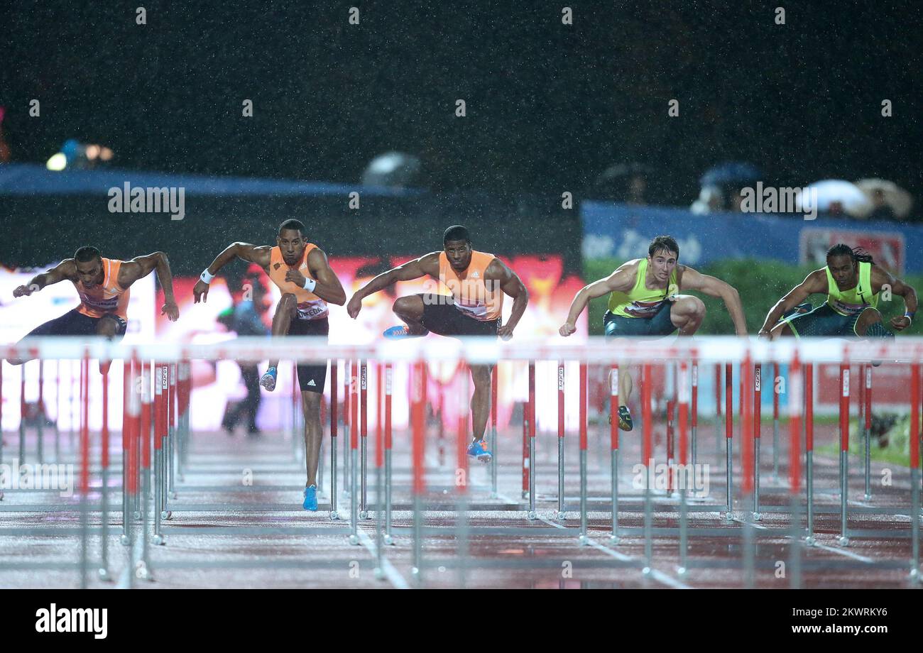 110 m haies hommes. Sharman William, Ortega Orlando, Ash Ronnie, Sergey Shubenkov, Merritt Aries pendant le défi mondial de l'IAAF à Zagreb, 64th Boris Hanzekovic Memorial. Banque D'Images