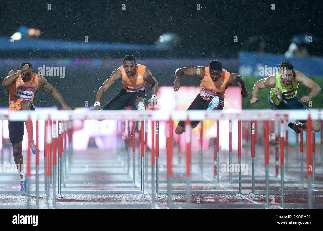 110 m haies hommes. Sharman William, Ortega Orlando, Ash Ronnie, Sergey Shubenkov pendant le défi mondial de l'IAAF Zagreb, 64th Boris Hanzekovic Memorial. Banque D'Images